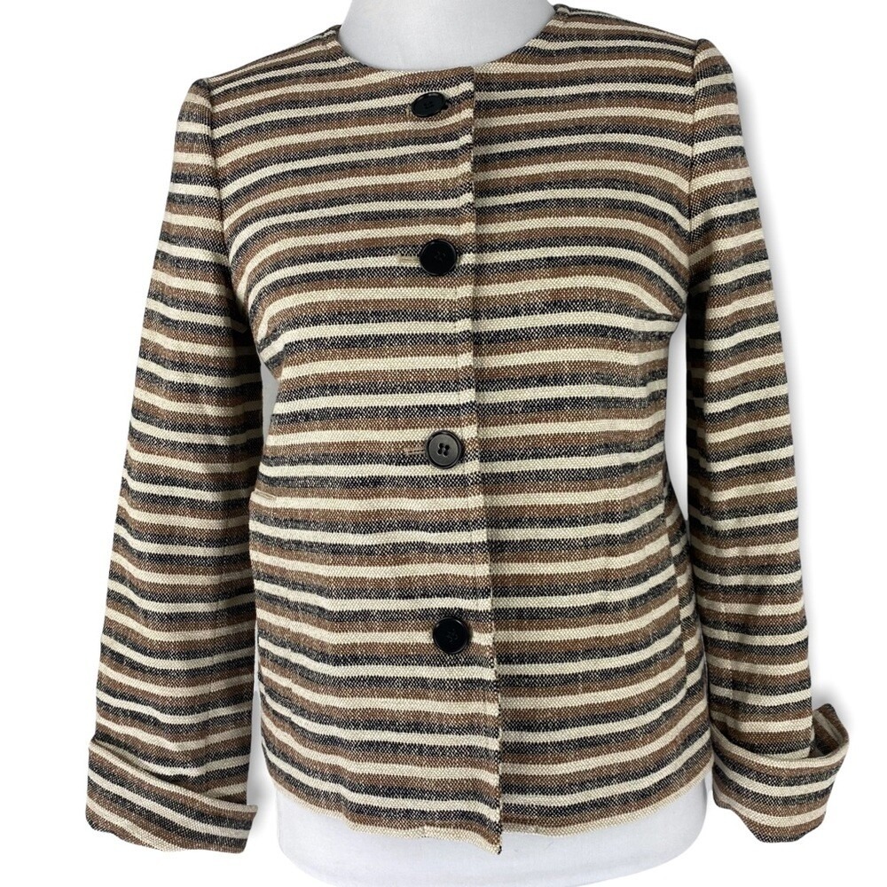 Talbots Women's NWT Brown Striped Jackie Fit Linen Button Down Blazer 4/C35
